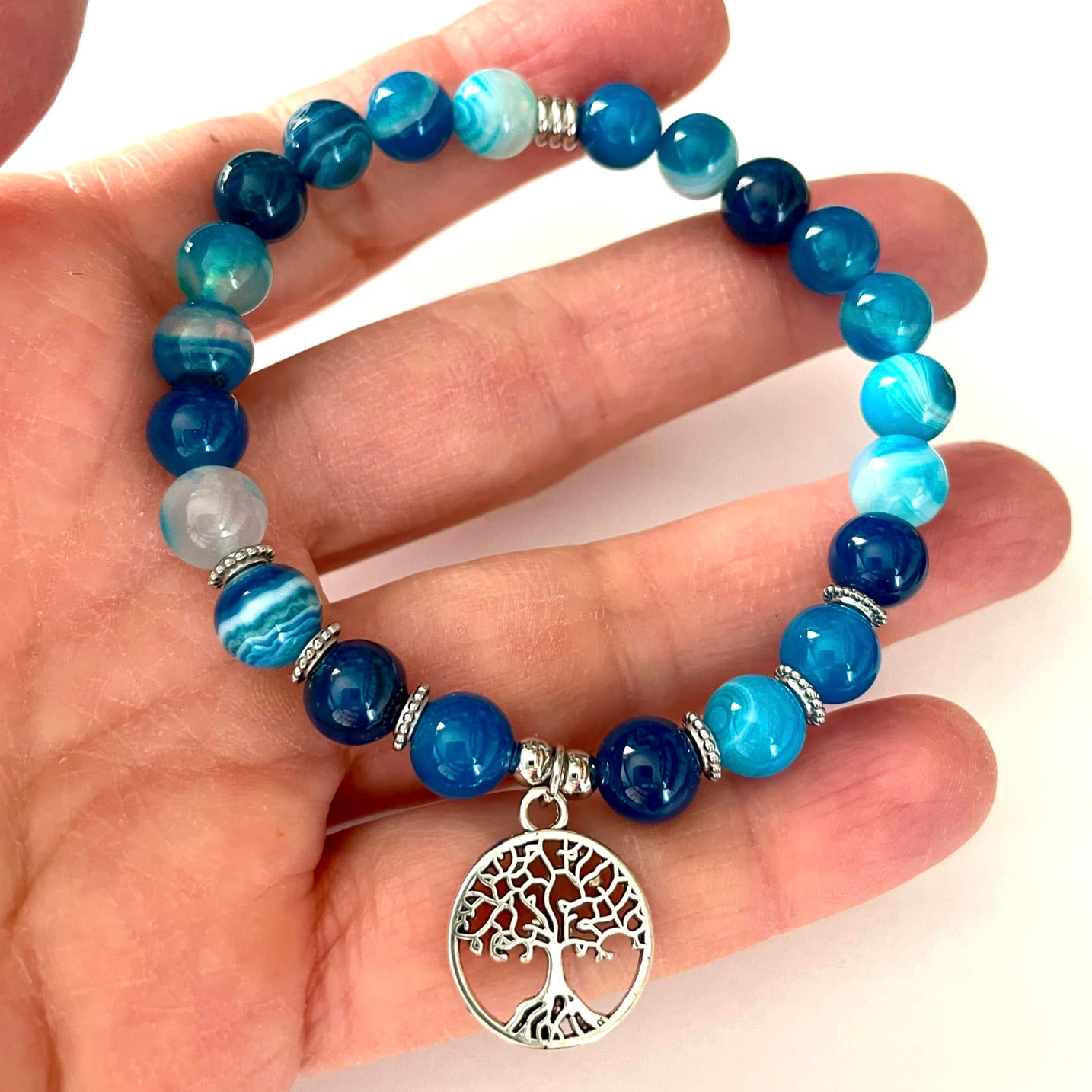 Bracelet en agate Bleue avec arbre de vie
