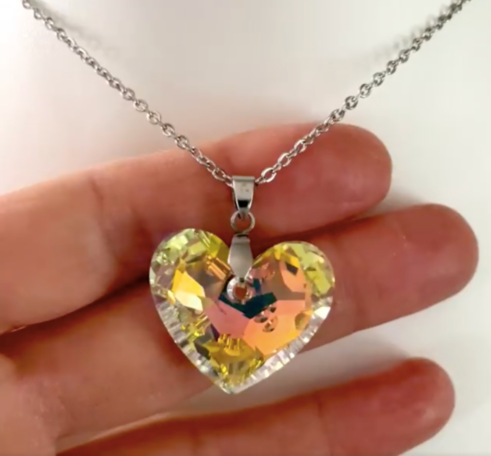 Extra Gros Coeur 28mm en Cristal Vrai Amour Aurore Boréale dorée