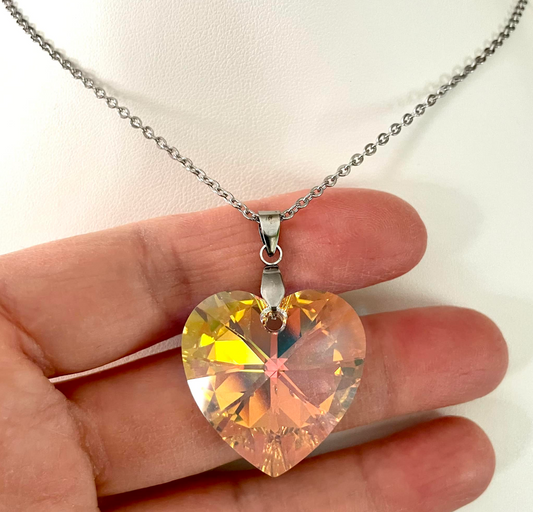 Extra Large 27mm Heart in Golden Aurora Borealis Crystal