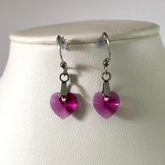 Translucent Fuchsia Crystal Heart Earrings 