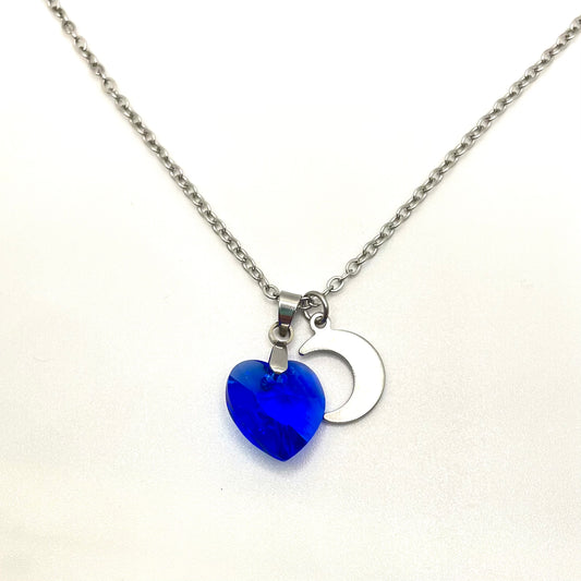 Collier Tandem Lune et Coeur 14mm en cristal bleu royal
